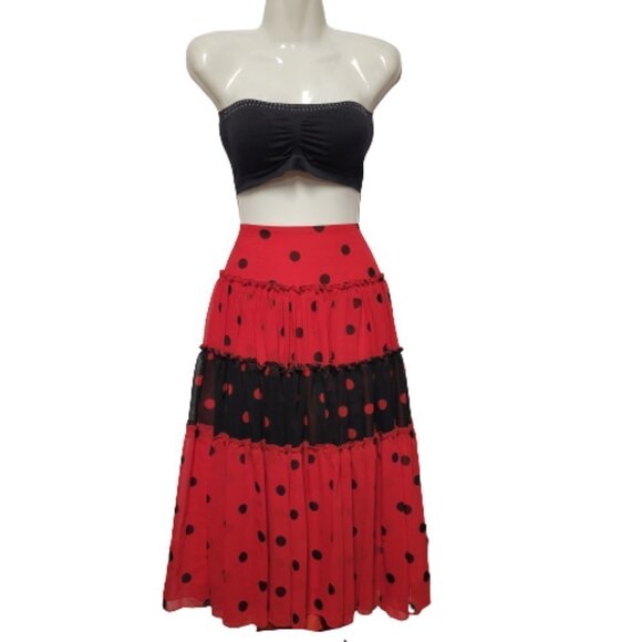 Red and Black Polka Dot Pleated Tiered Custom Made Skirt - Picture 3 of 11